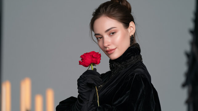 Elegant Woman Wearing A Black Velvet Dress Holding A Red Rose At A Mysterious Vampire Ball Event