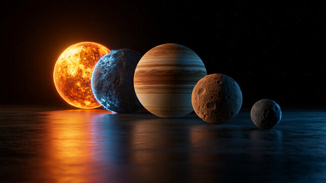 A lineup of diverse textured planets glows against a dark starry background. A conceptual representation of space exploration and interstellar discovery.