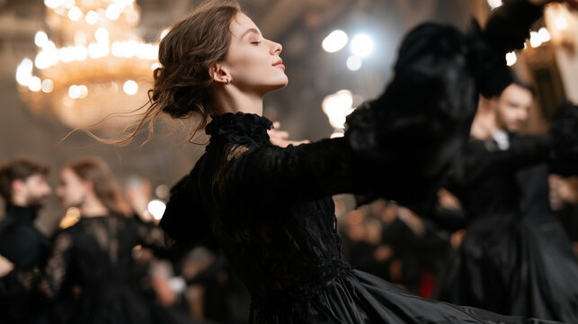 Elegant Young Woman Dancing in a Dark Black Dress at an Enchanting Gothic Vampire Ball Event