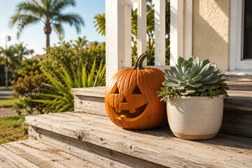 Fototapeta premium A carved Halloween jack-o'-lantern pumpkin sitting on sunny wooden porch steps next to a potted succulent plant with a palm tree in the background. A Warm-Climate Holiday Scene