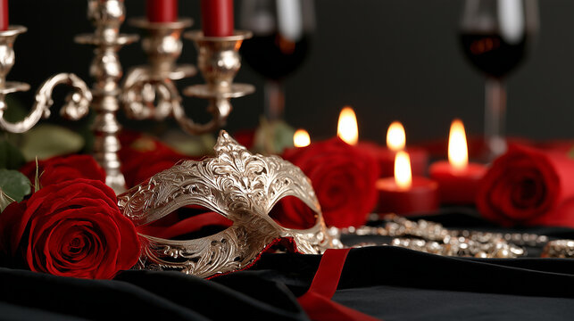 Elegant Vampire Ball Masquerade Party Atmosphere with Red Roses and Gothic Candlelit Decor