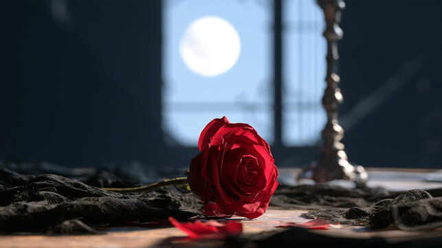 Enigmatic Red Rose Resting Amidst Dark Shadows for an Ethereal Vampire Ball Atmosphere Setting