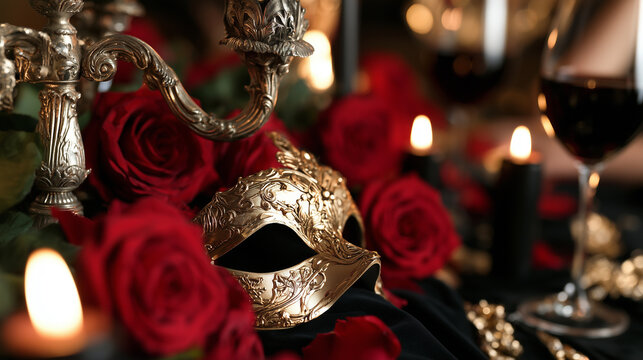 Elegant Gold Mask Surrounded by Red Roses and Candlelight for an Atmospheric Vampire Ball Night