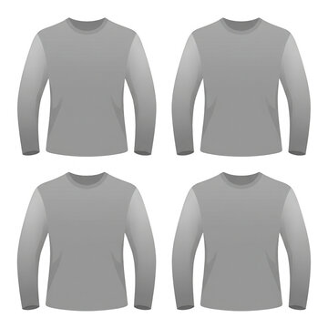 Set di quattro magliette grigie a maniche lunghe con design minimalista, mockup di abbigliamento versatile per presentazioni di moda, branding aziendale o design personalizzato su sfondo bianco