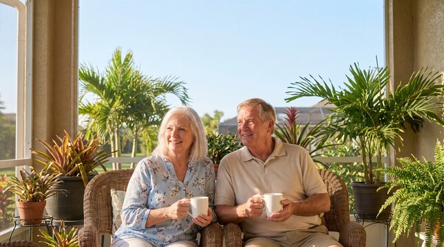 Florida Snowbird Couple Porch Morning Winter Getaway Sky Copy Space