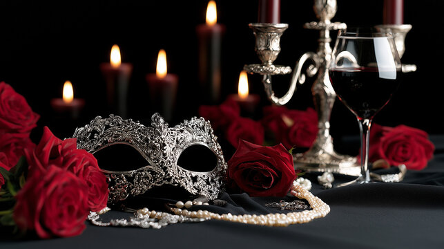 Elegant Vampire Ball Decor With Red Roses Silver Mask And Candles On A Dark Romantic Background