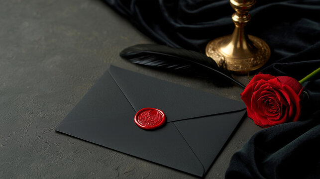 Elegant Vampire Ball Invitation With A Romantic Red Rose And Black Wax Seal On Dark Fabric