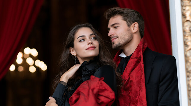 Elegantly Dressed Couple Sharing a Romantic Moment at an Opulent Vampire Ball Masquerade Event