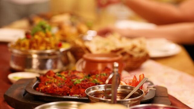 Tandoori Chicken and Indian Cuisine Served at a Restaurant Table