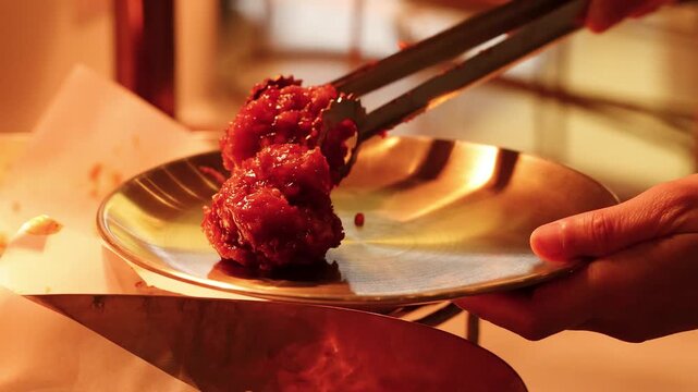 Serving Spicy Glazed Korean Fried Chicken on Metal Plate