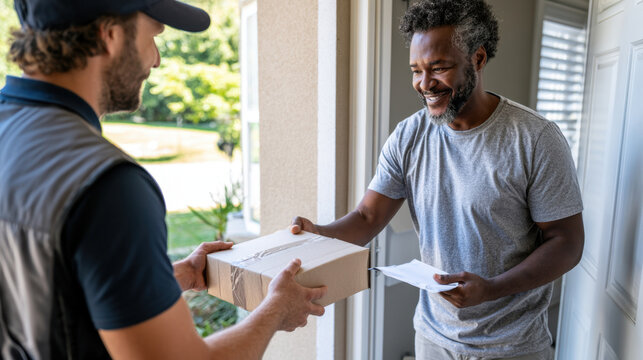 Delivery Courier Giving Parcel Box to Smiling Customer at Front Door