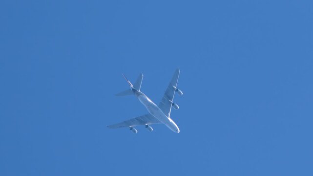 Commercial Jet Airplane Flying High in Clear Blue Sky