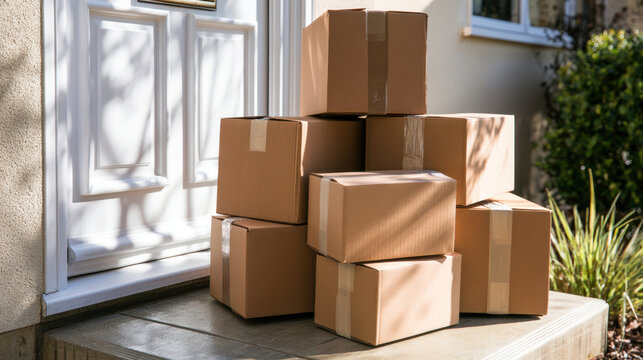 Stack of Cardboard Parcel Boxes Delivered on Porch Outside Front Door