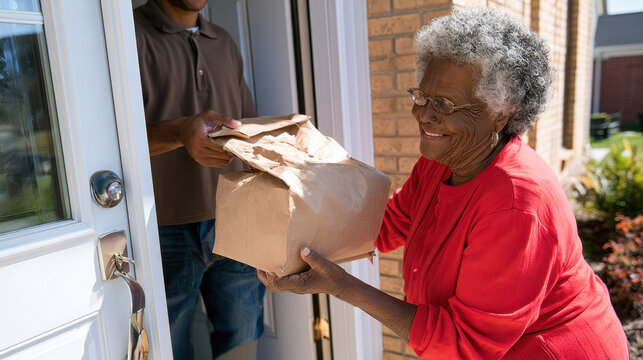 Senior African American Woman Receiving Food Delivery Grocery Bag from Courier at Doorway