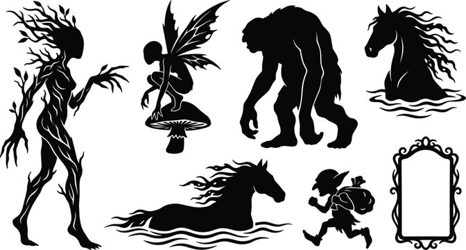 European mythology dark fantasy black silhouette icons including wood nymph sprite on mushroom bigfoot troll kelpie sea stallion running goblin thief and vintage frame
