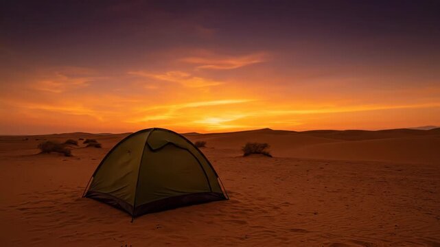 Camping tent in desert dunes at dramatic sunset, tranquil evening landscape