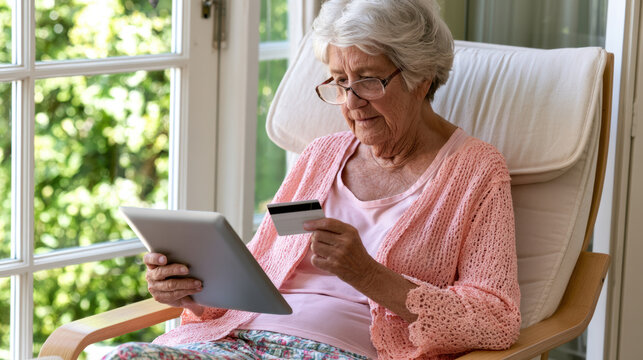 Senior Woman Sitting in Chair Using Digital Tablet and Credit Card for Online Shopping