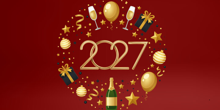 Happy New Year 2027 festive background, gold 2027 numbers with champagne and gifts, luxury holiday celebration card