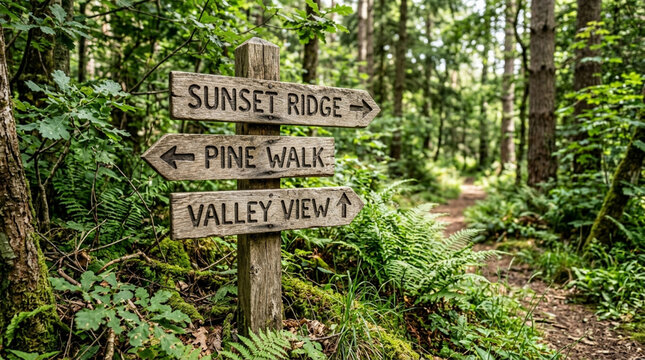 Wooden directional signpost in lush green forest, pointing to sunset ridge and pine walk.