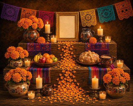 Day of the Dead traditional ofrenda altar with blank picture frame mockup marigolds pan de muerto and papel picado for Dia de los Muertos memorial