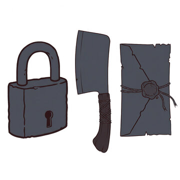 Set di icone disegnate a mano con un lucchetto vintage, una mannaia da macellaio e una vecchia pergamena sigillata con ceralacca, stile illustrazione dark su sfondo bianco, elementi grafici