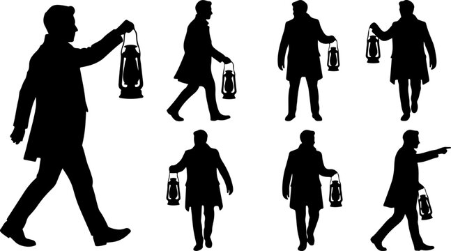Silhouettes of a man in a coat holding a vintage lantern vector illustration