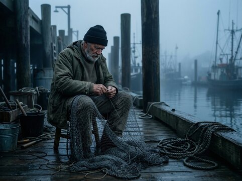 Weathered Fisherman Mends His Nets on a Foggy Dock a Lifetime of Work Reflected in His Skilled Hands and the Surrounding Fishing Boats