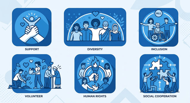 Community and social unity icon set. featuring support, diversity, inclusion, volunteer, human rights, and social cooperation in blue flat design style.