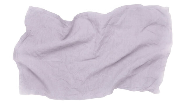 Un pezzo di tessuto di lino color lavanda chiaro con pieghe naturali e texture morbida, isolato su uno sfondo bianco puro, ideale per mockup di design tessile o presentazioni di prodotti eleganti.
