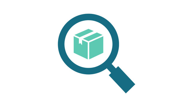 Package tracking magnifying glass vector icon with teal search lens and green cardboard box symbol for logistics and shipment inspection.