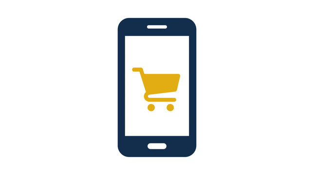 Mobile phone with a yellow shopping cart on its screen, symbolizing mobile commerce, m-commerce, or smartphone shopping applications.
