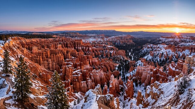 Majestic Bryce Canyon winter sunrise showcasing snow covered red rock hoodoos under vibrant golden sky in Utah national park, peaceful