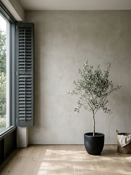 Minimalist interior with light plaster wall, wooden floor, large window with shutters, and potted olive tree