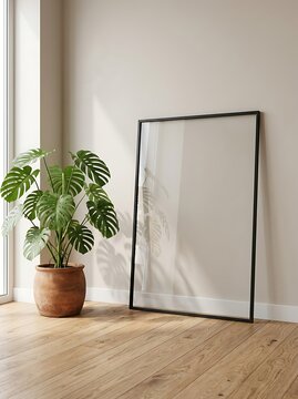 Black frame mockup leaning against neutral wall with monstera plant and wooden floor