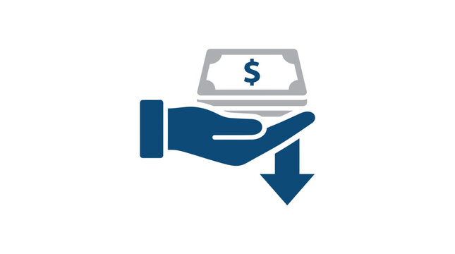 Blue and gray hand holds stack of money with down arrow indicating decrease in cost or financial savings concept design.