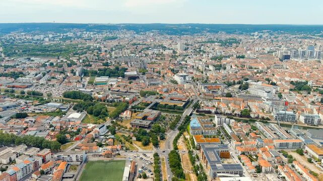 Nancy, France. Panorama of the central part of the city. Summer, Sunny day. Drone footage