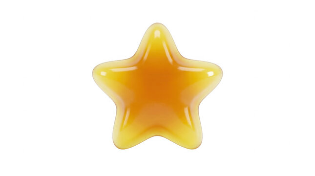 Una singola caramella gommosa a forma di stella di colore arancione brillante, isolata su uno sfondo bianco puro, con una texture lucida e traslucida che riflette la luce in modo uniforme e nitido.
