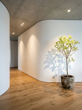 Modern minimalist hallway with curved white walls, concrete ceiling, wooden floor, and potted tree with shadow