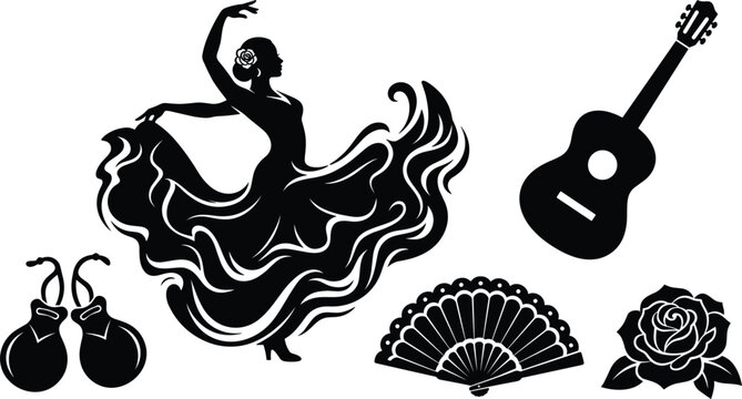  Spain folklore performance black silhouette icons featuring flamenco dancer in swirling dress spanish guitar rhythm castanets folding fan and blooming rose blossom