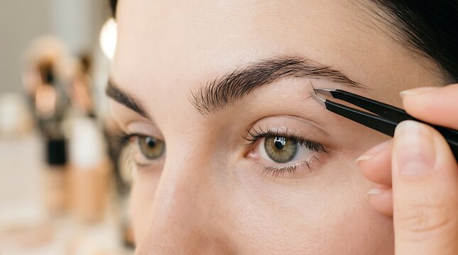 Close up of a young woman applying makeup to her eyebrows with a precision pencil in a salon