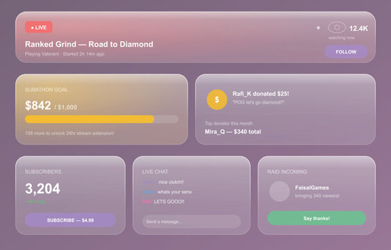 Glassmorphism streaming overlay kit, purple frosted glass UI widgets for live gaming, modern twitch stream dashboard elements