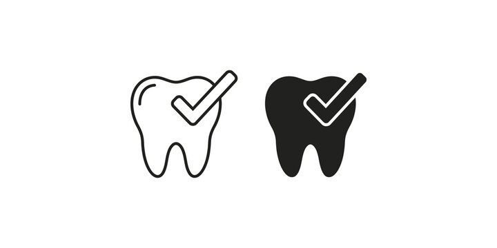 Human tooth with check mark icon in linear and solid black styles for successful dental treatment completion.