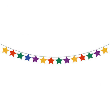 Ghirlanda festosa con stelle colorate nei colori dell'arcobaleno appese a un filo su sfondo bianco isolato, perfetta per decorazioni di compleanno e feste.