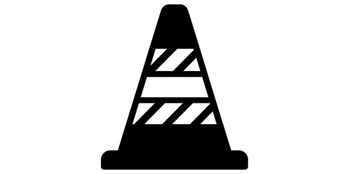 Orange traffic cone symbol with reflective safety stripes for road hazard warning and construction sites.