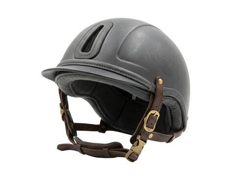 Casco protettivo da equitazione di colore grigio scuro con cinturino regolabile in pelle marrone e fibbia dorata, isolato su sfondo bianco.