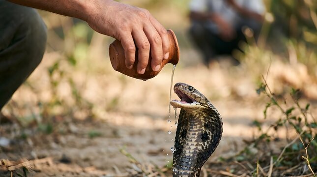 Thirsty cobra snake opens its mouth for fresh water