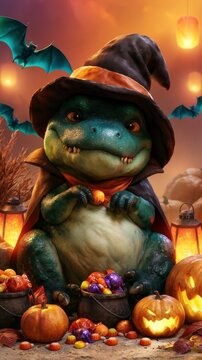 Little Reptile Sorcerer Enjoying a Spooky Autumn Celebration