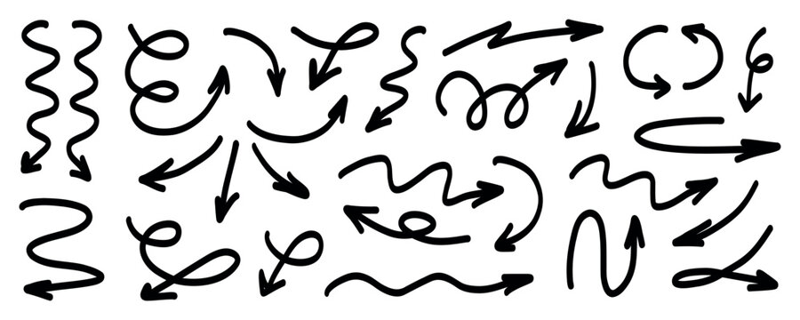 Black hand drawn arrows featuring curved, wavy, looping, circular, spiral, and straight direction symbols isolated on white background
