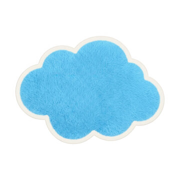 Soffice elemento decorativo a forma di nuvola azzurra con texture pelosa e bordo bianco, isolato su sfondo bianco neutro.