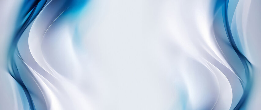 Abstract white background framed with elegant blue fluid silk curves and copy space
